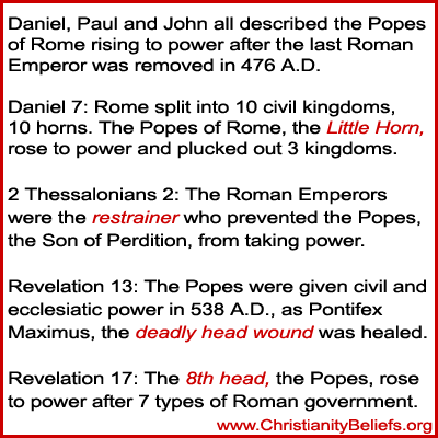 Daniel, Paul and John all described the Popes of Rome rising to power after the last Roman Emperor was removed in 476 A.D.